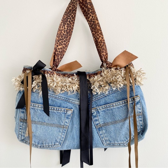Denim Leopard Fringe Jean Bag - Picture 5 of 6